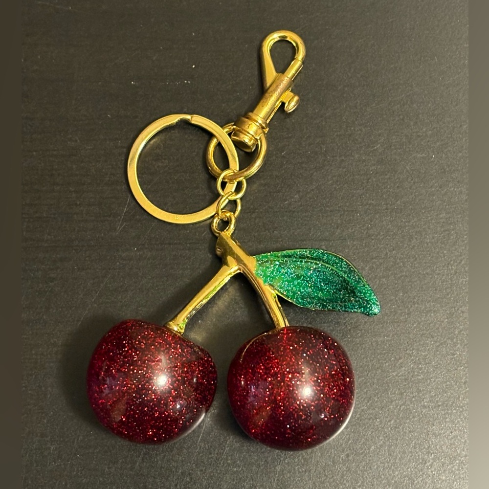 Red Cherry Keychain with Gold and Green Accents